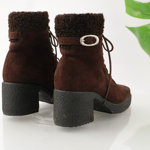 VTG Kamouraska Boot Size 6 Brown Suede Block Heel Lace Up Fur Collar Bootie - Picture 3 of 13